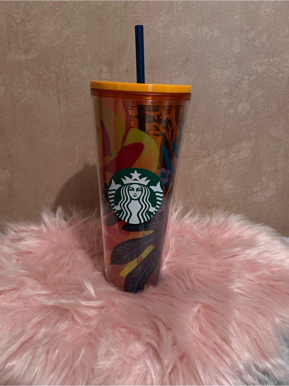 Starbucks Orange Lid Floral Cold Cup with Blue Straw